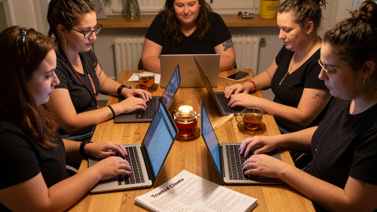 A group of disabled sex workers share tea and collaborate on a handwritten client directory.
